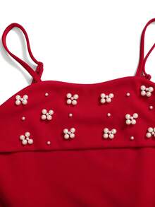 SHEIN Tween Girls Casual Elegant Beaded Red Knit Camisole Snug Fit Waist Flare A-Line Dress, Suitable For Valentine's Day, Wedding Season, Party, Outing - Red - View 3