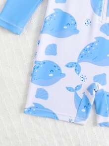 SHEIN 1 pieza Traje de baño de una pieza con manga larga y estampado de tiburón para niñas, diseño lindo, protección solar, verano - Celeste - Ver 5