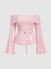 SHEIN MOD 加大码粉色露肩喇叭袖上衣，蝴蝶结吊带，适合外出和甜美女孩约会，春夏款 - 粉色 - 查看 5