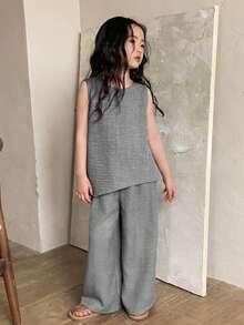 DAZY 2pcs/Set Young Girls Round Neck Twist Knot Sleeveless Shirt And Leggings Set - Grey - View 5