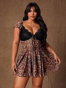 Rustia Elegant Sexy Lace Leopard Print Sheer Fitted A-Line Mini Dress, Cute Plus Size - Coffee Brown - View 4