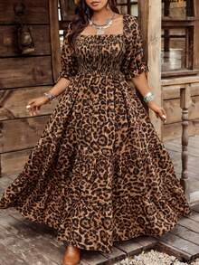 Ceyna Rochie de damă de mărime mare, primăvară/vară, cu imprimeu leopard, decolteu pătrat, mânecă jumătate, talie, linie A, pliată - Multicolor - Vizualizare 5