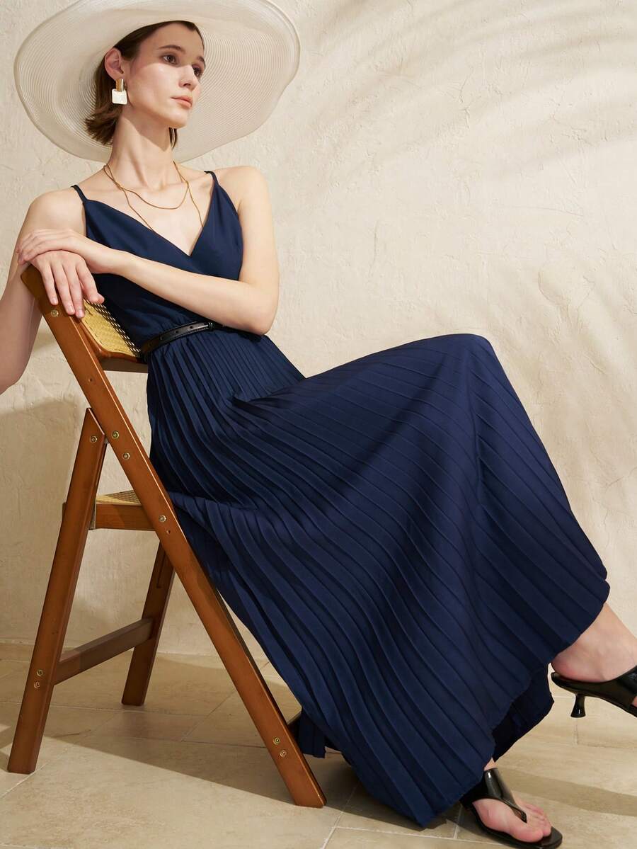Airaco Women's Casual Pleated Solid Color Slip Dress