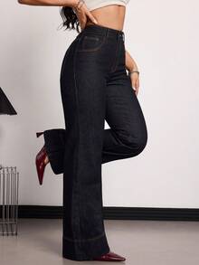 SHEIN Tall Women's High Waist Pocketed Wide Leg Loose Casual Versatile Jeans Summer And Spring Valentine's Day Wedding Elegant Denim Jeans - Dark Wash - View 6