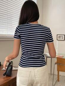 Dazy-Less Fitted Elegant All-Match Casual Cotton Striped Short Sleeve T-Shirt For Women, Suitable For Spring & Summer - White - View 2