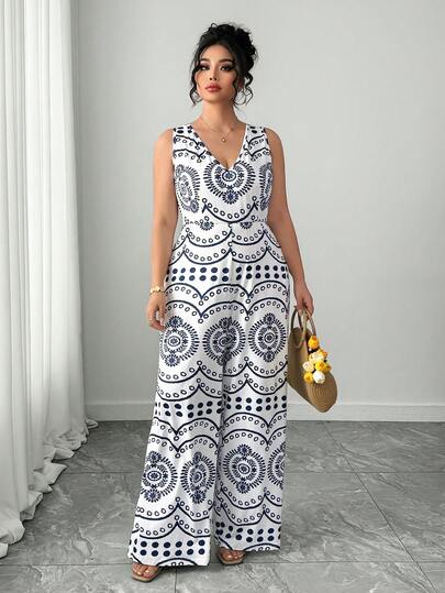 Elenzga Plus Size Women's Print V-Neck Sleeveless Long Jumpsuit, Suitable For Vacation, Spring/Summer