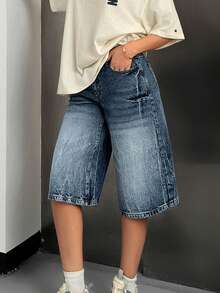 EURMUSE 女士带口袋阔腿宽松休闲百搭牛仔百慕大短裤 - 中等水洗藍 - 查看 3