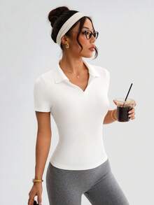 With My Calm Women's Basic Polo Shirt With Collar And V-Neck, Suitable For Sports, Yoga, Outdoor Fitness - White - View 5