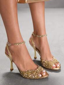 CUCCOO SZL Giày cao gót mũi nhọn đính đá lấp lánh thời trang mới dành cho nữ, thích hợp cho các bữa tiệc, dịp trang trọng, Halloween, Lễ Tạ ơn, Giáng sinh. - Vàng - Xem 4