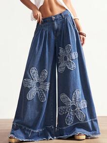 Bohemela 波西米亚风秋冬/春复古女式休闲宽松阔腿编织花卉拼接裤，西部乡村风格，适合音乐会派对、海滩度假、日常穿着、返校、外出、派对、新年等场合。 - 藍色 - 查看 4