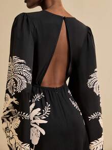 SHEIN Veneréa Women's V-Neck Printed Backless Split Flare Sleeve Dress, Beach Cover Up For Summer Vacation - Multicolor - View 3