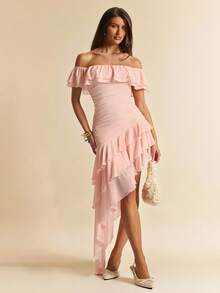 SHEIN BAE Đầm ôm sát màu hồng trễ vai, xếp ly, vạt bất đối xứng, thích hợp cho tiệc cocktail, hẹn hò lãng mạn, họp mặt, sự kiện trang trọng, đầm phù dâu, trang phục dạ hội, ngày Valentine, đầm mùa hè, bữa ăn sáng muộn, kỳ nghỉ biển. - Hồng - Xem 3