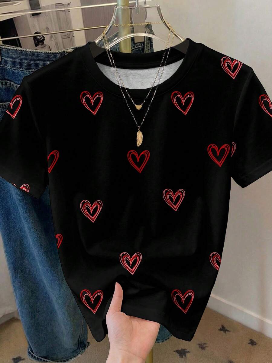SHEIN LUNE Casual Minimalist Valentine's Day Heart Graphic Round Neck Loose Fit Women T-Shirt,Valentine's Day , Valentine Outfits For Women ,Valentines Day , Valentine Clothes ,Valentine's Day Outfit Carnival - Multicolor - View 1