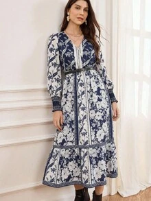 Miaspire Đầm maxi dài tay cổ chữ V in hoa thanh lịch dành cho nữ, thích hợp cho kỳ nghỉ. - Nhiều màu - Xem 10