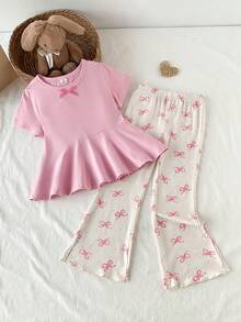 2 Stücke/Set Mädchen elegantes, süßes rosa Patchwork-Set mit Rüschenkragen, Schleifendekor, Kurzarmoberteil und apricotfarbenem Schmetterlingsdruck, weite Hosenbeine, bequeme Homewear - Pink - Übersicht 4