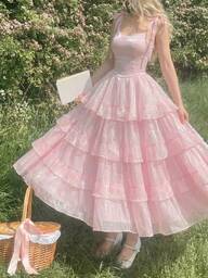 SHEIN MOD Women's Elegant Party Dress, Solid Color Sleeveless With Ruffle Hem And Knot Detail On Shoulder, Summer, Garden Party Formal Dress ,Tea Party Outfit Women, Valentine's Day Dress, Carnival Clothes, Beach Dress, Wedding Guest Dress For Women, Birthday Dress For Women, Elegant Dresses For Party, Vacation Dress, Pink Dress, Multi-Layered Skirt Dress, Bridesmaid Dress