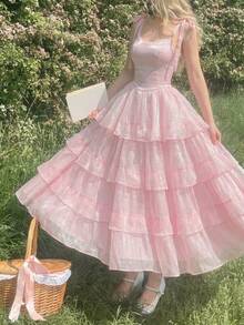 SHEIN MOD Women's Elegant Party Dress, Solid Color Sleeveless With Ruffle Hem And Knot Detail On Shoulder, Summer, Garden Party Formal Dress ,Tea Party Outfit Women, Valentine's Day Dress, Carnival Clothes, Beach Dress, Wedding Guest Dress For Women, Birthday Dress For Women, Elegant Dresses For Party, Vacation Dress, Pink Dress, Multi-Layered Skirt Dress, Bridesmaid Dress - Pink - View 2