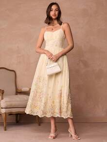 Enchnt Women's Elegant Floral Print & Embroidery Slip Dress, Summer - Apricot - View 1