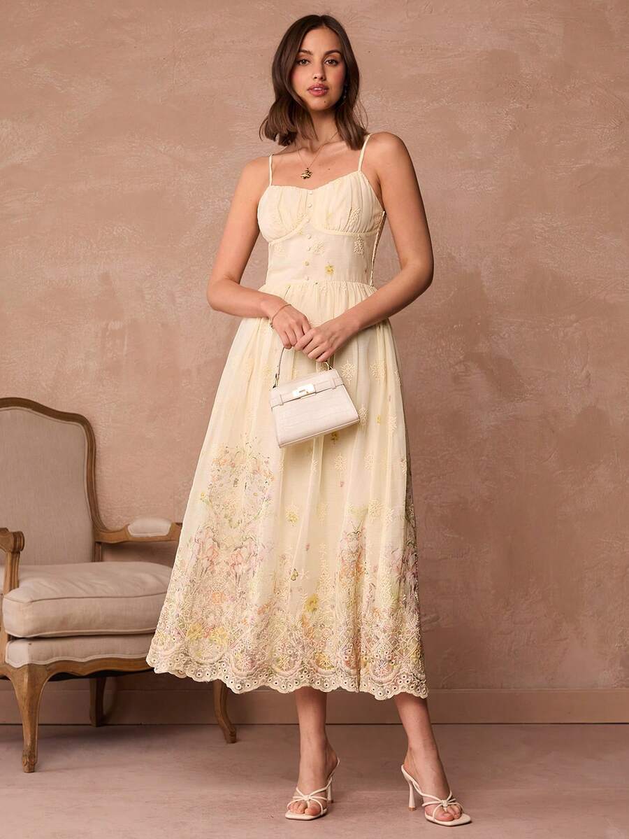 Enchnt Women's Elegant Floral Print & Embroidery Slip Dress, Summer - Apricot - View 1