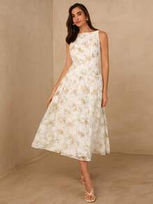 Enchnt 女士优雅印花无袖连衣裙，夏季 - 白色 - 查看 5