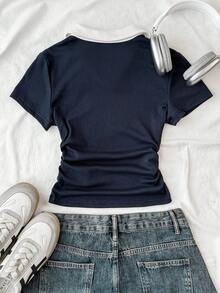 SHEIN Tween Girls' Navy Blue & White Collar Knit Casual Colorblock Fitted Crop Top With Small Logo Embroidery - Royal Blue - View 2