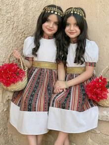 SHEIN Tween Girl Elegant White Summer Holiday Dress, Stand Collar Color Block Print Patchwork Puffy Short Sleeve A-Line Tween Girl Striped Dress For Spring - White - View 4