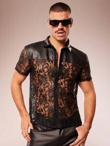 FeverCity Áo sơ mi nam tay ngắn cổ polo phối ren, cài một hàng khuy, kiểu dáng gợi cảm, đa năng, thích hợp cho tiệc tùng và thường ngày. - màu đen - Xem 2