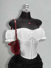 SHEIN ICON Áo corset satin jacquard màu trắng, cỡ lớn dành cho nữ, phong cách retro, gợi cảm, thanh lịch, hiện đại, trẻ trung, thập niên 2000 và Bohemian, thích hợp cho ngày Valentine: Áo corset tay phồng trễ vai bằng satin jacquard. - trắng - Xem 9