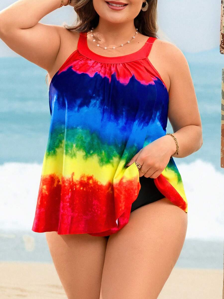 Swim Lushoire Bộ đồ bơi tankini cỡ lớn với họa tiết chuyển màu nhiều màu, kiểu dáng thường ngày châu Âu và Mỹ. - Nhiều màu - Xem 1