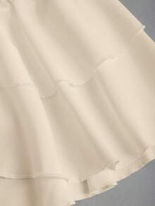 Sweetra Đầm ngắn màu đen dệt kim và đan ghép mảnh, cổ chữ V, hở lưng, viền bèo nhún, thắt eo, kiểu dáng đơn giản, thanh lịch, thích hợp cho kỳ nghỉ và trang phục thường ngày của nữ, mùa xuân/hè. - Màu be - Xem 5