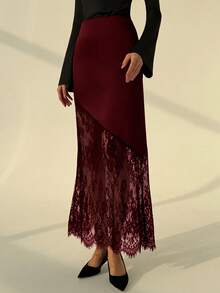 Aloruh 秋冬新款浪漫约会棕色缎面撞色蕾丝A字长裙，情人节女士穿搭 - 酒紅色 - 查看 4