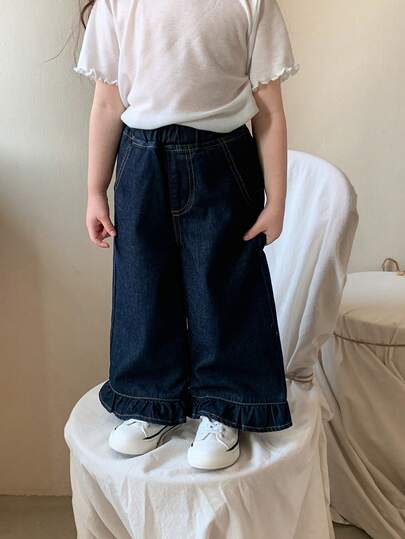 DAZY Toddler Girls' Casual Washed Vintage Korean Style Versatile Ruffle Hem Loose Wide Leg Jeans