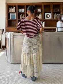 Muchica Summer Outfits Western Style Elastic Waist Lace Ruffle Asymmetric Hem Skirt - Apricot - View 2