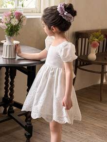 LMoss Kids 女童纯色方领泡泡袖休闲连衣裙 - 白色 - 查看 9