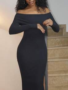 Yess Loren Women's Turn-Down Collar Off Shoulder Slim Fit Dress, Spring/Summer Y2k Elegant,Fall Clothes Long Sleeve Dress - Black - View 3