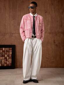 AKNOTIC Business Casual Men's Plaid Print Button Front Pocket Long Sleeve Cardigan Jacket - Pink - View 5