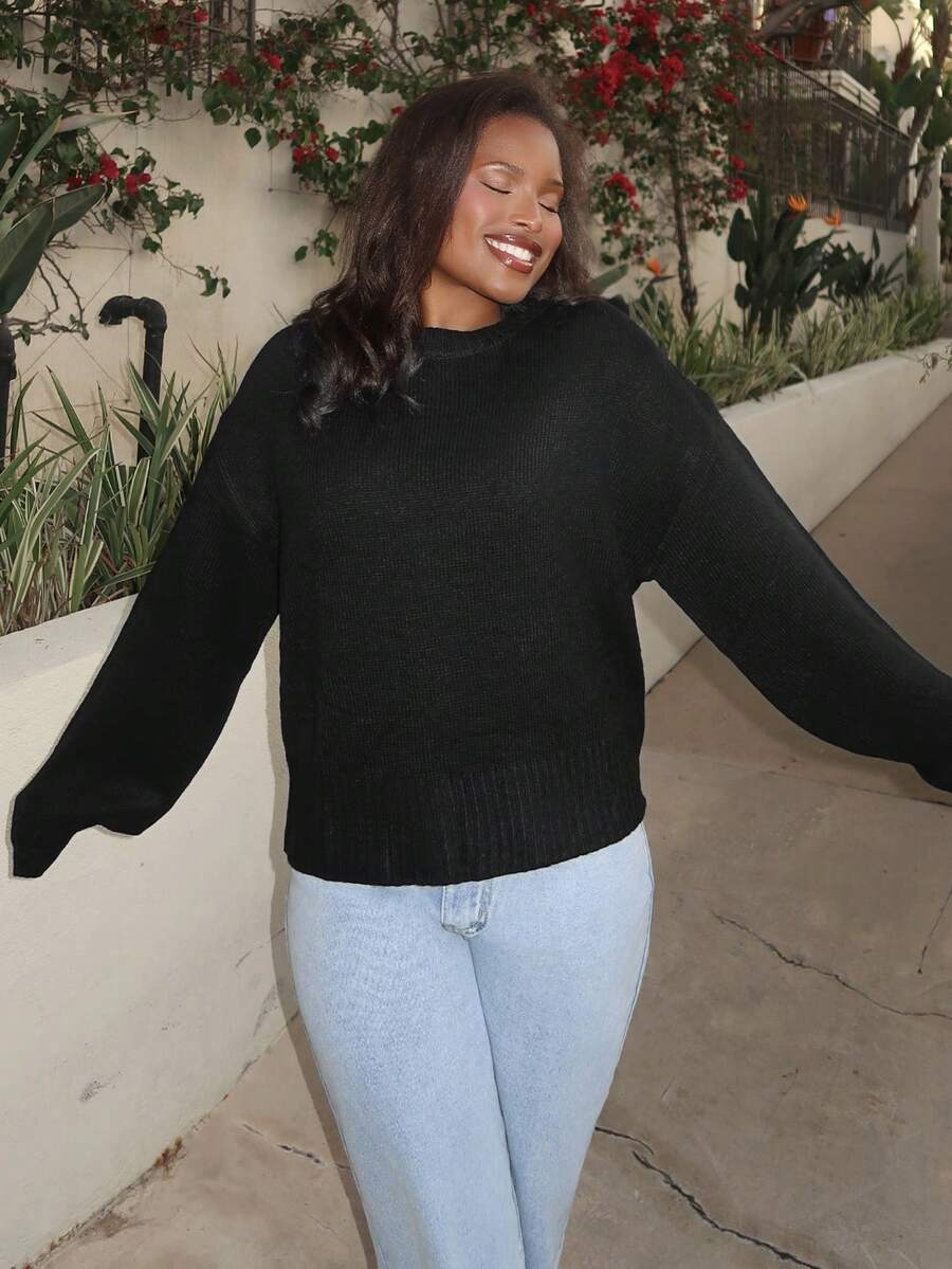 Tyla Gomez Women's Loose Fit V-Neck Long Sleeve Knitted Black Sweater, Autumn/Winter,Tops For School - Black - View 1