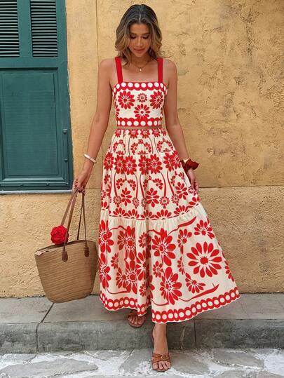 Breezaya 两件套娇小女款热带花卉印花系带吊带背心和中长裙套装，时尚百搭，适合度假和通勤。