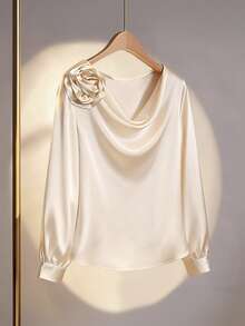 GlowEve 女士优雅通勤3D花卉荷叶边领长袖衬衫，秋季 - 香檳色 - 查看 1