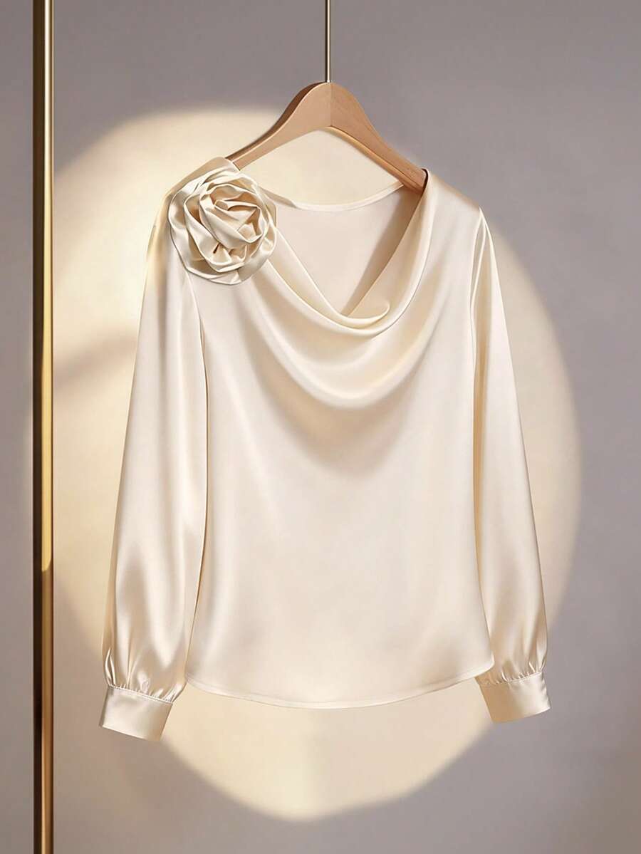 GlowEve 女士优雅通勤3D花卉荷叶边领长袖衬衫，秋季 - 香檳色 - 查看 1