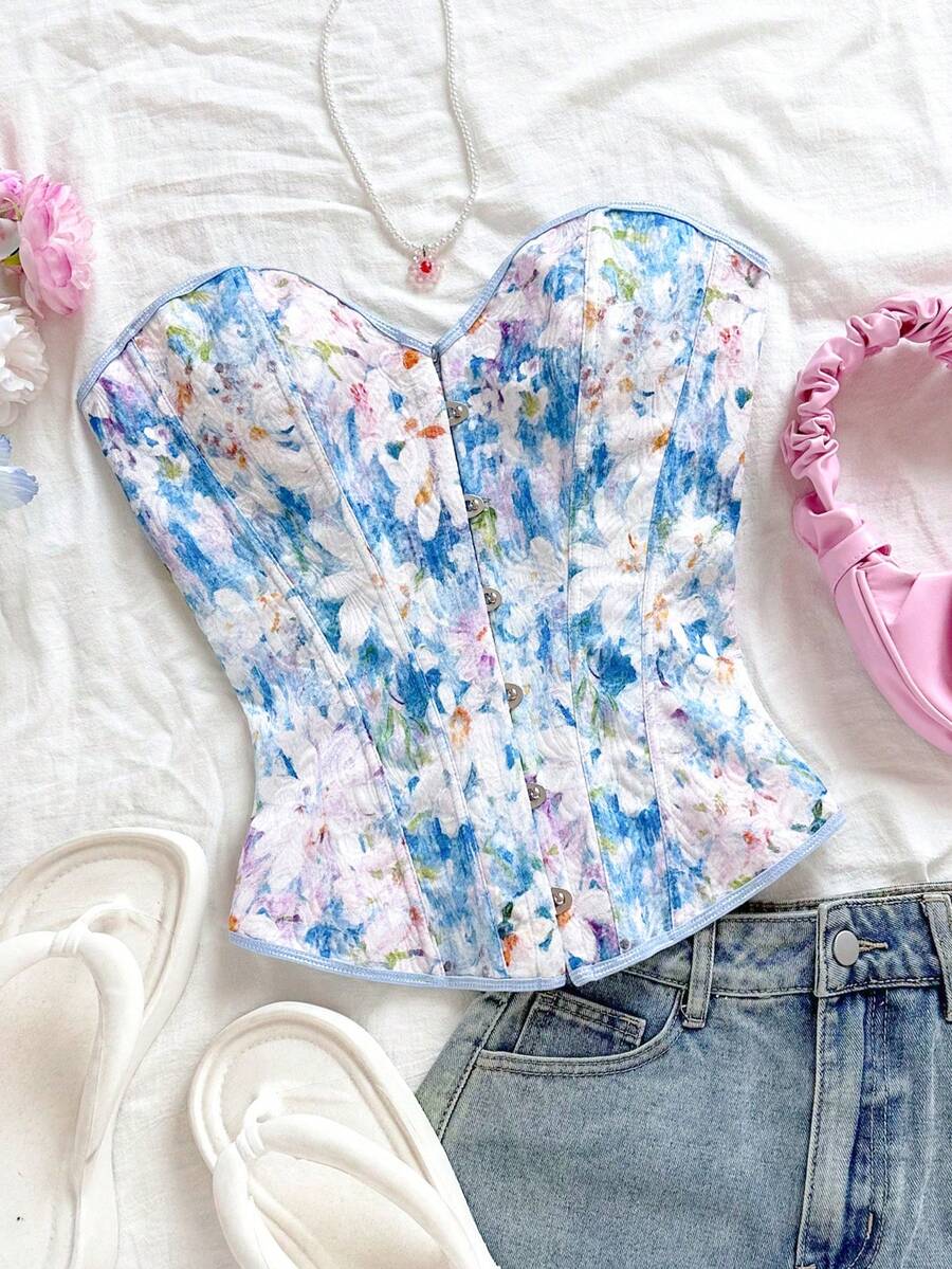 Soleia Débardeur moulant à boutons devant avec motif floral jacquard pour femmes - Multicolore - Voir 1