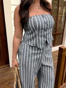 SHEIN EZwear 大码女式条纹单排扣吊带背心和裤子时尚两件套 - 深灰色 - 查看 5