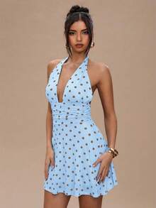 SHEIN BAE 波点露背无袖束腰时尚迷你连衣裙 - 淺藍色 - 查看 5