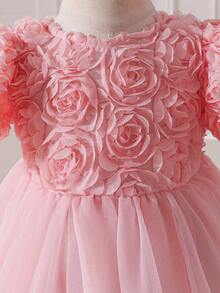 SHEIN 女婴纯色网纱泡泡袖休闲连衣裙 - 粉色 - 查看 6