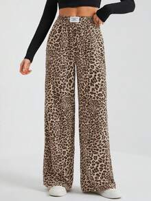 SHEIN Tall Women's Wide-Leg Street Trousers In Leopard Print Woven Cute Pants Cheetah Pants Animal Print Clothes Pants Wide Leg Leopard Pants Wide Leg Pants Animal Print Pants - Multicolor - View 4