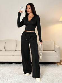 SHEIN PETITE 两件套女士休闲百搭拉链领长袖T恤和抽绳直筒运动裤套装，舒适居家服兼街头服饰，秋冬季百搭之选 - 黑色 - 查看 5