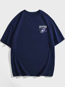 ROMWE MEN Goth Spring/Summer Casual Graphic Men'S Casual Letter & Eye Print Round Neck Short Sleeve T-Shirt, Summer - Royal Blue - View 3