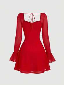 SHEIN MOD 红色花卉刺绣喇叭袖方领迷你连衣裙 - 紅色 - 查看 5