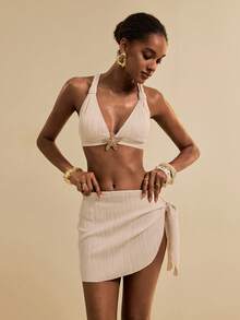 Vesra Women's Summer Vacation Halter Apricot Textured Fabric Bikini 3 PiecesSwimsuit Set, Beach Outfit - Apricot - View 4