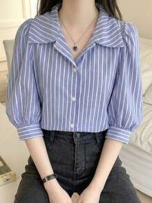 Teen Girls Blue & White Striped Collared Loose Lantern Sleeve Blouse, Casual Sweet Style For Spring, Summer, Autumn Blouses Teen Preppy Shirt Striped Shirt Collar Shirt Striped Blue Shirt Girl Collar Shirt - Blue and White - View 1